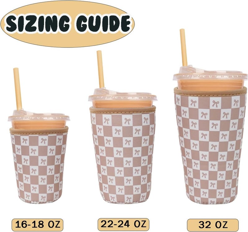 Haevola Reusable Insulated Neoprene Iced Coffee Cup Sleeve, Durable Drink Sleeve for Cold Beverages, Beverage Holder for Iced Coffee, Caramel Checkered Bows - Image 5